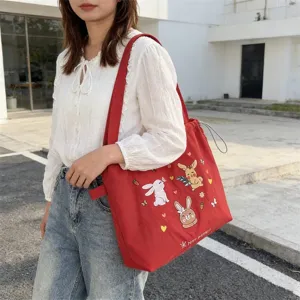 Borsa tote in tela rossa da donna grande capacità borsa a spalla casual con ricamo di coniglio.