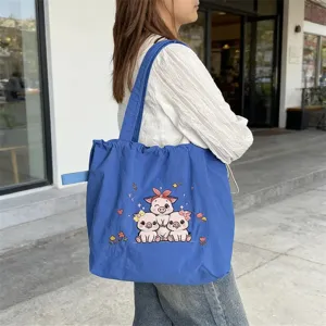 Bolso tote de lona azul para mujer, bordado de cerdito lindo, bolso de hombro casual.