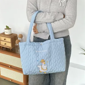 Light blue quilted tote bag with cute duck embroidery, soft large capacity shoulder bag for women.