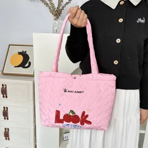 Pink quilted heart shoulder bag with cute cherry pattern, casual tote bag for daily shopping.
