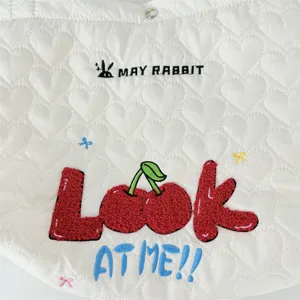 White quilted heart tote bag with cute cherry embroidery casual shoulder handbag for women shopping