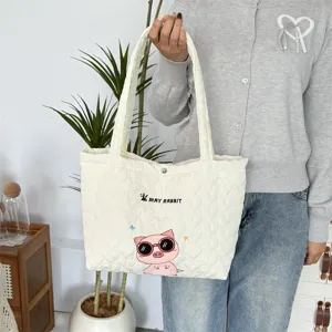 Gepaste hart schoudertas met schattige cartoon borduurwerk, ruime shopper tas voor dagelijks.