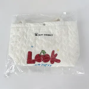 Quilted heart tote bag with cute cherry embroidery, casual shoulder handbag for women.