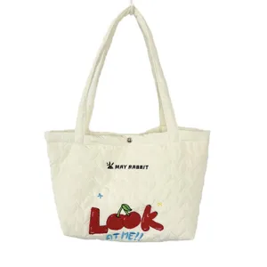 Cute quilted heart tote bag with cherry embroidery, casual daily shoulder handbag for women.