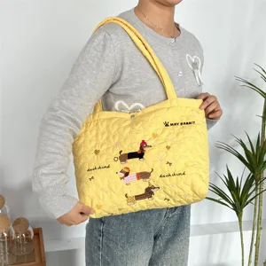Cute cartoon embroidered yellow quilted tote bag, large capacity casual shoulder bag.