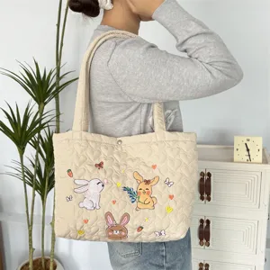 Gewatteerde shopper tas met schattig konijnen borduursel, grote capaciteit voor dagelijks