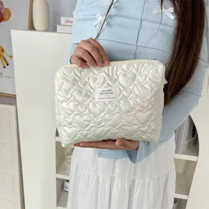 Korean style quilted heart clutch bag, white PU waterproof portable toiletry and makeup pouch.