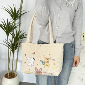 Gewatteerde hart shopper schoudertas met schattige konijnenborduurwerk, grote casual tas.
