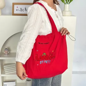 Bolso tote de lona roja con bordado de cerezas, bolso de hombro grande con cierre de cordón.