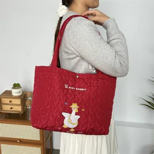 Gewatteerde hart shopper tas voor dames, schattige eend geborduurde grote capaciteit schoudertas.