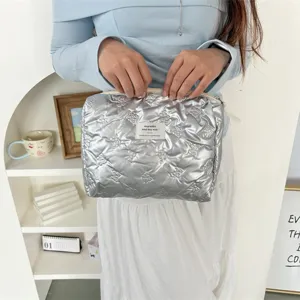 Korean Style PU Quilted Silver Clutch Bag Portable Waterproof Toiletry Travel Storage