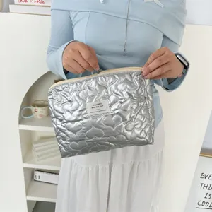 Korean style PU quilted heart clutch bag portable waterproof cosmetic storage pouch silver