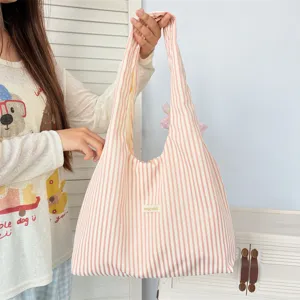 Pink striped canvas tote bag, casual large capacity shoulder bag for daily student use.