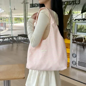 Chic pink and white striped shoulder bag, lightweight minimalist casual tote for daily shopping.