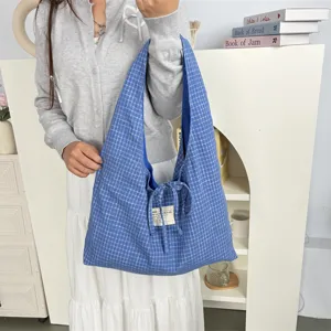 Casual blauwe ruit dubbelzijdige patchwork schoudertas grote capaciteit dagelijkse tas