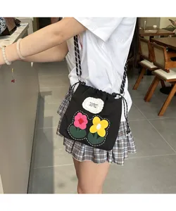 Casual canvas crossbody phone bag for women with cute embroidered colorful flowers design.