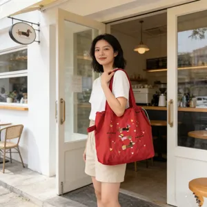 Vista dettagliata della borsa tote in tela rossa con ricamo carino di bassotto per il lavoro.