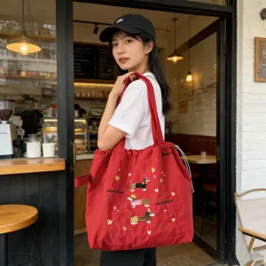 Borsa tote in tela rossa con ricamo di cane bassotto carino, grande capacità per commuting.