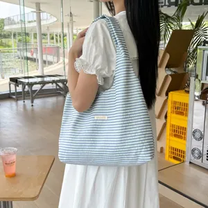 Casual blue white striped canvas shoulder bag, large capacity daily tote for women shopping.
