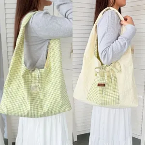 Vintage ruitjes omkeerbare schoudertas, casual grote capaciteit tote bag met leuke zak en strik.