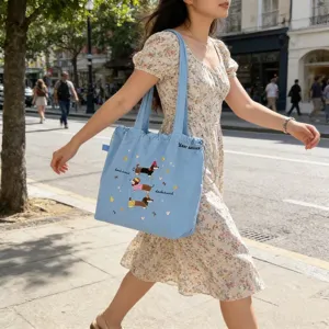 Borsa a tracolla con coulisse e cagnolino ricamato in tela grande capacità casual.
