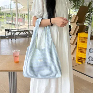 Minimalist striped shoulder bag, casual canvas tote bag for women, large capacity daily use.