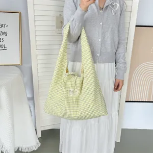 Retro ruitjes shopper tas, casual canvas schoudertas met grote capaciteit voor dagelijks gebruik.