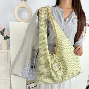 Vintage ruitjes canvas shopper, casual schoudertas met grote capaciteit voor dagelijks.