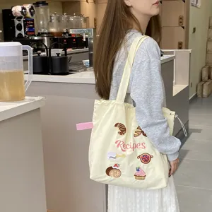 Sac cabas en toile jaune avec broderie mignonne, sac à épaule décontracté pour tous les jours.