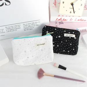 Canvas zipper coin purse set with silver star print, cute makeup pouch and portable mini storage bag.