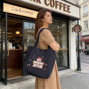 Bolso de lona con bordado de cerdo lindo, bolso de hombro casual para mujeres y estudiantes.