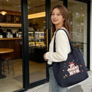 Bolso tote de lona con bordado de cerdito tierno para mujer, bolso de hombro casual.