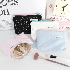 Silver star sequin coin purse, cute canvas makeup pouch for daily skincare and portable storage.