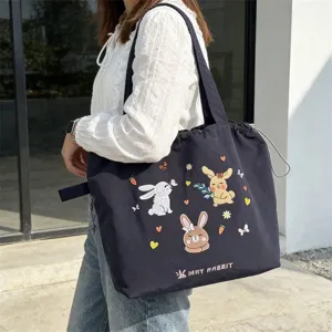 Borsa shopper in tela nera con ricamo di coniglio carino, grande borsa a spalla per donne.