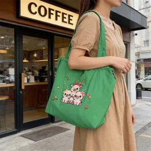 Bolso tote de lona de cerdo bordado lindo, bolso de hombro casual para mujeres, bolso diario.