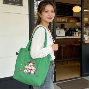 Bolso tote de lona bordado de cerdito lindo bolso de hombro informal versátil para mujeres.