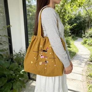 Borsa shopper in tela con ricamo di un bassotto carino, pratica borsa a tracolla casual.