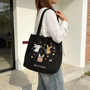 Borsa shopper nera in tela ricamata con coniglietti carini stile coreano grande capacità donna