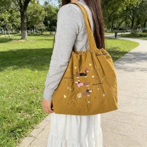 Borsa a tracolla con coulisse cucciolo ricamato, shopper in tela casual grande capacità per lavoro.