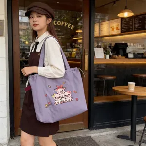 Bolso tote de lona con bordado de cerdo lindo, bolso de hombro casual estilo coreano ligero.