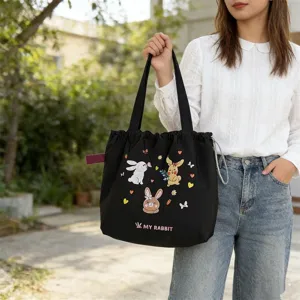 Borsa shopper in tela ricamata con simpatico coniglio in stile coreano, grande capacità.