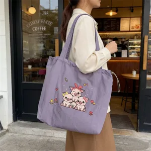 Bolso tote de lona con bonito cerdo bordado, bolso de hombro informal para uso diario.
