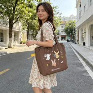 Borsa shopper in tela con coniglio ricamato stile coreano, grande capacità per studenti.