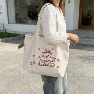 Bolso tote de lona bordado de cerdito tierno, bolso de hombro casual para mujer y estudiante.