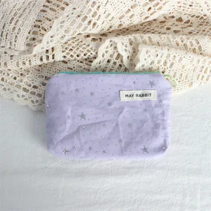 Purple canvas coin purse with silver stars and label for daily storage keys cosmetics