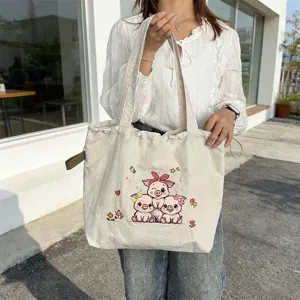 Bolso tote de lona bordado de cerdito tierno para mujer, bolso de hombro casual para uso diario.