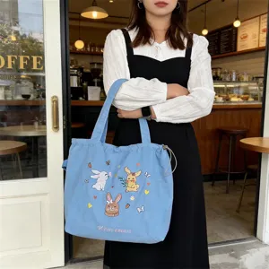 Borsa shopper in tela con coniglio ricamato carino coreano, grande capacità per uso quotidiano.
