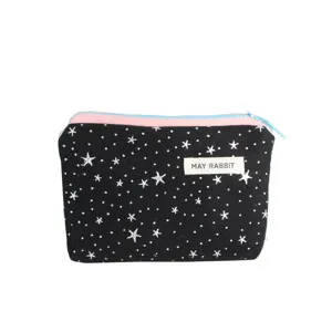 Black canvas coin purse with silver stars, cute zipper makeup and key storage pouch daily use.