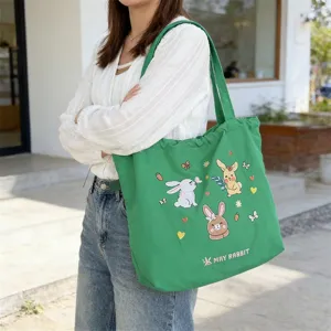 Borsa shopper tote ricamata con coniglio carino stile coreano grande capacità borsa a spalla.