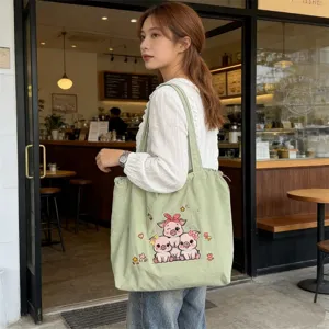 Bolso tote de lona bordado de cerdito lindo para mujer, bolso de hombro casual para estudiantes.